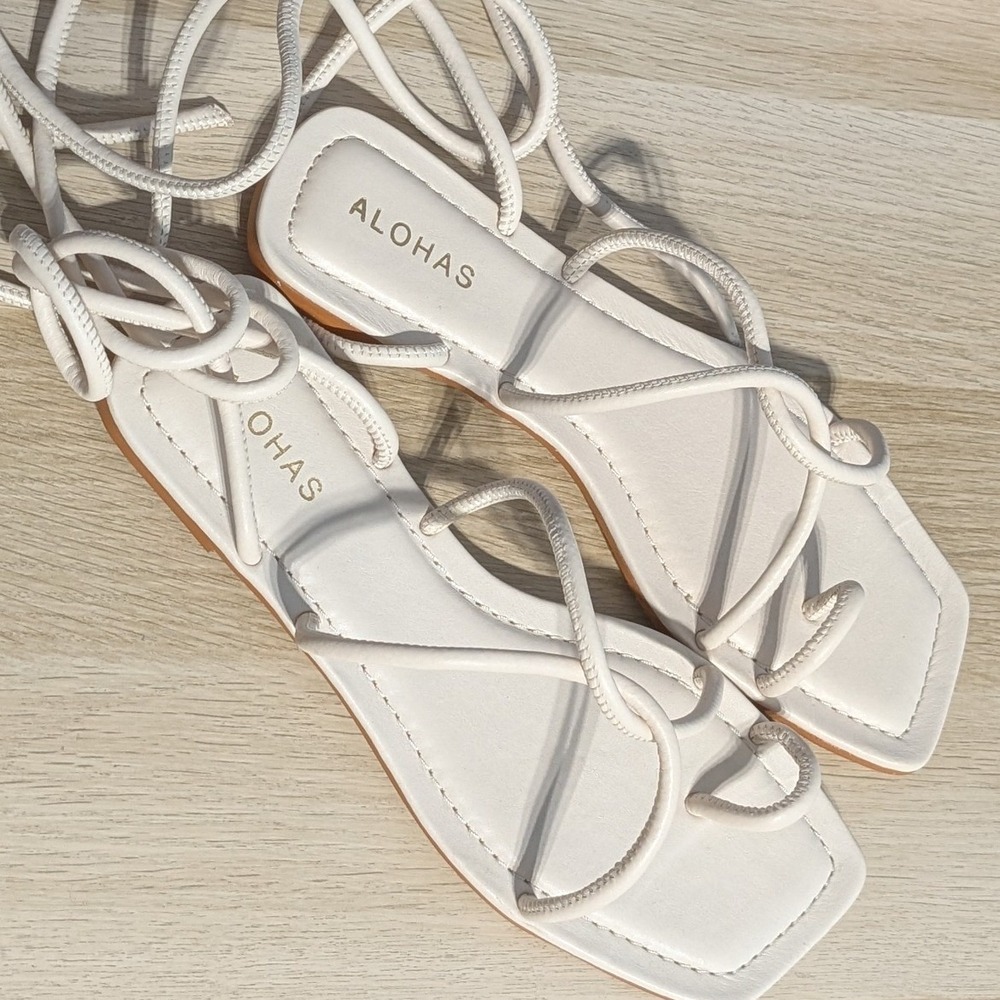 Alohas Leather Wrap Lace Up Square Toe Sandals White Women's Size 39 - Picture 6 of 8